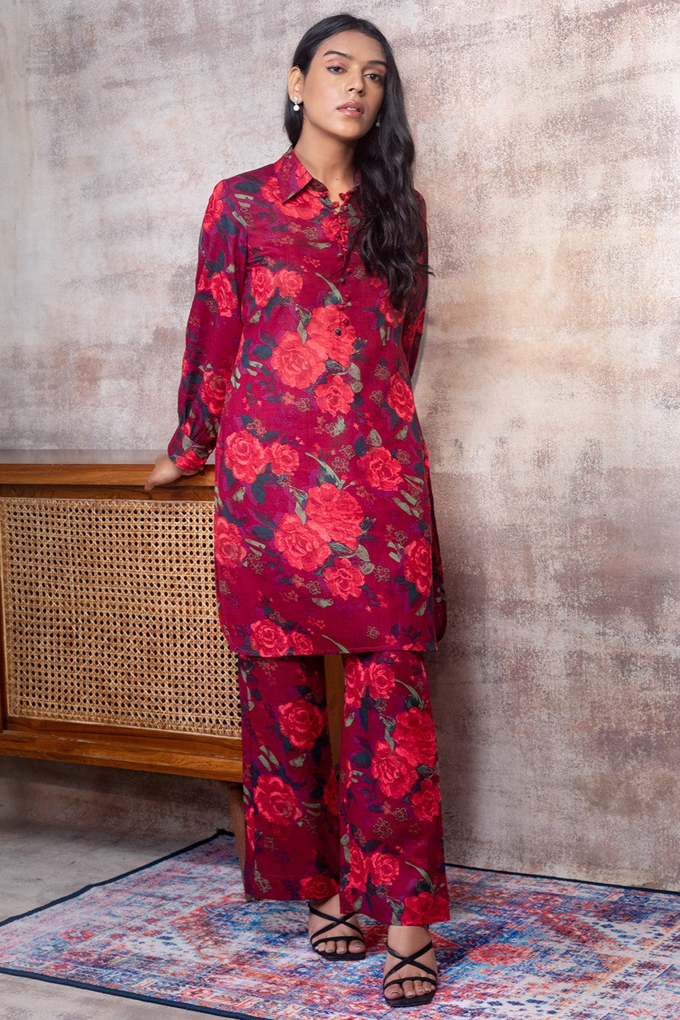 CASSANDRA - Red Floral Co-ord in Cotton-Linen