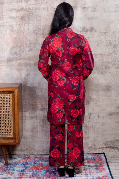 CASSANDRA - Red Floral Co-ord in Cotton-Linen