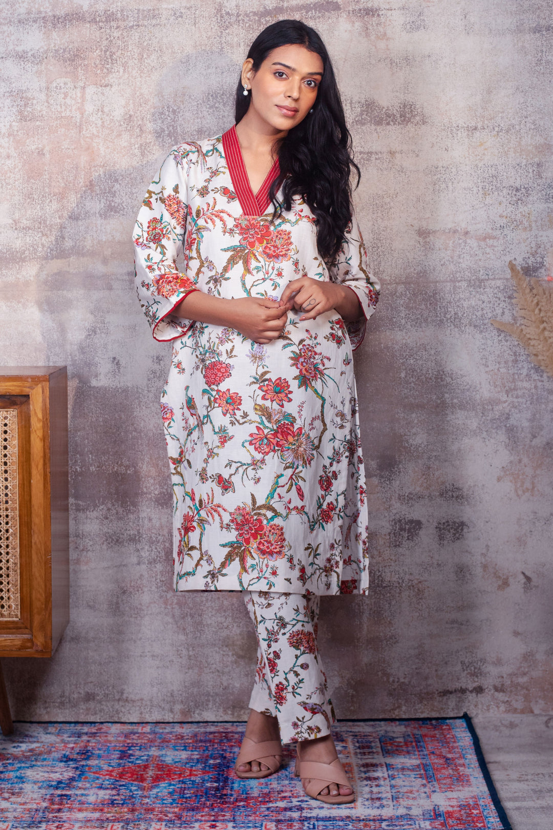 ISABELLA - Cream & Red Floral Co-ord in Cotton-Linen