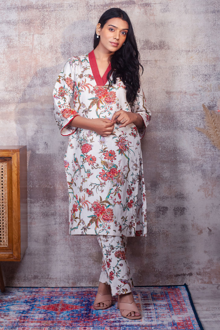 ISABELLA - Cream & Red Floral Co-ord in Cotton-Linen
