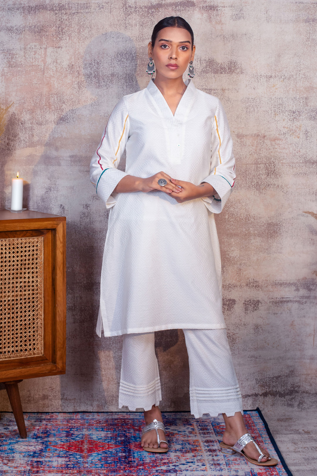 AFRA - White Co-ord in Cotton with colored lace detailing
