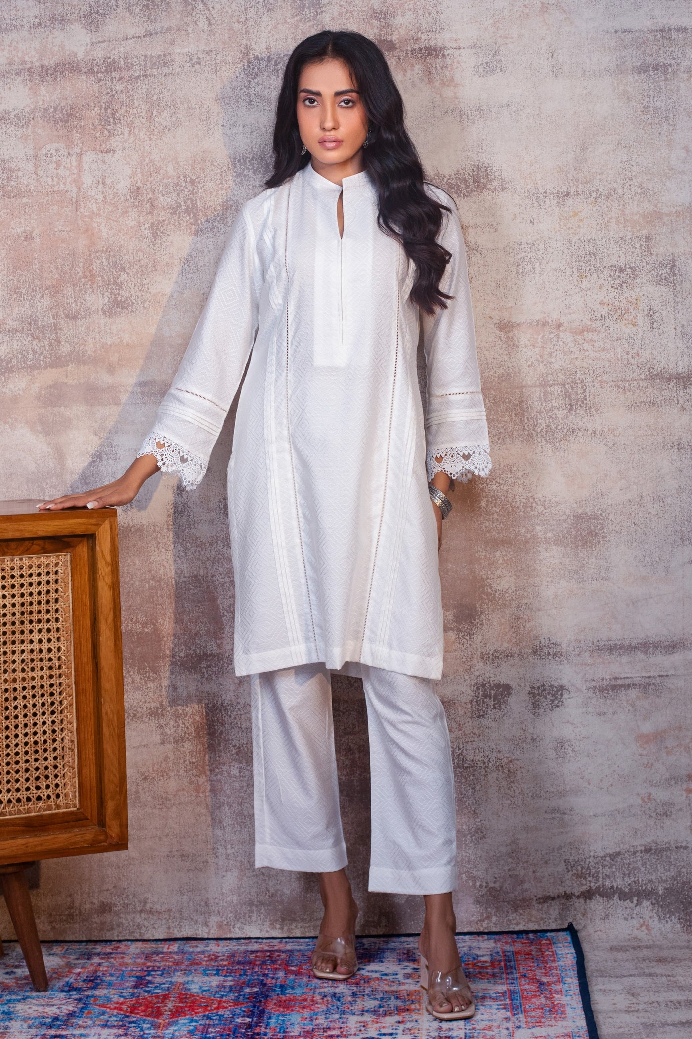 ZAHRA - White Co-ord in Cotton with pleats and lace detailing