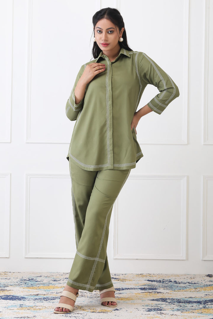Elina Olive Contrast Stitch Co-ord Set