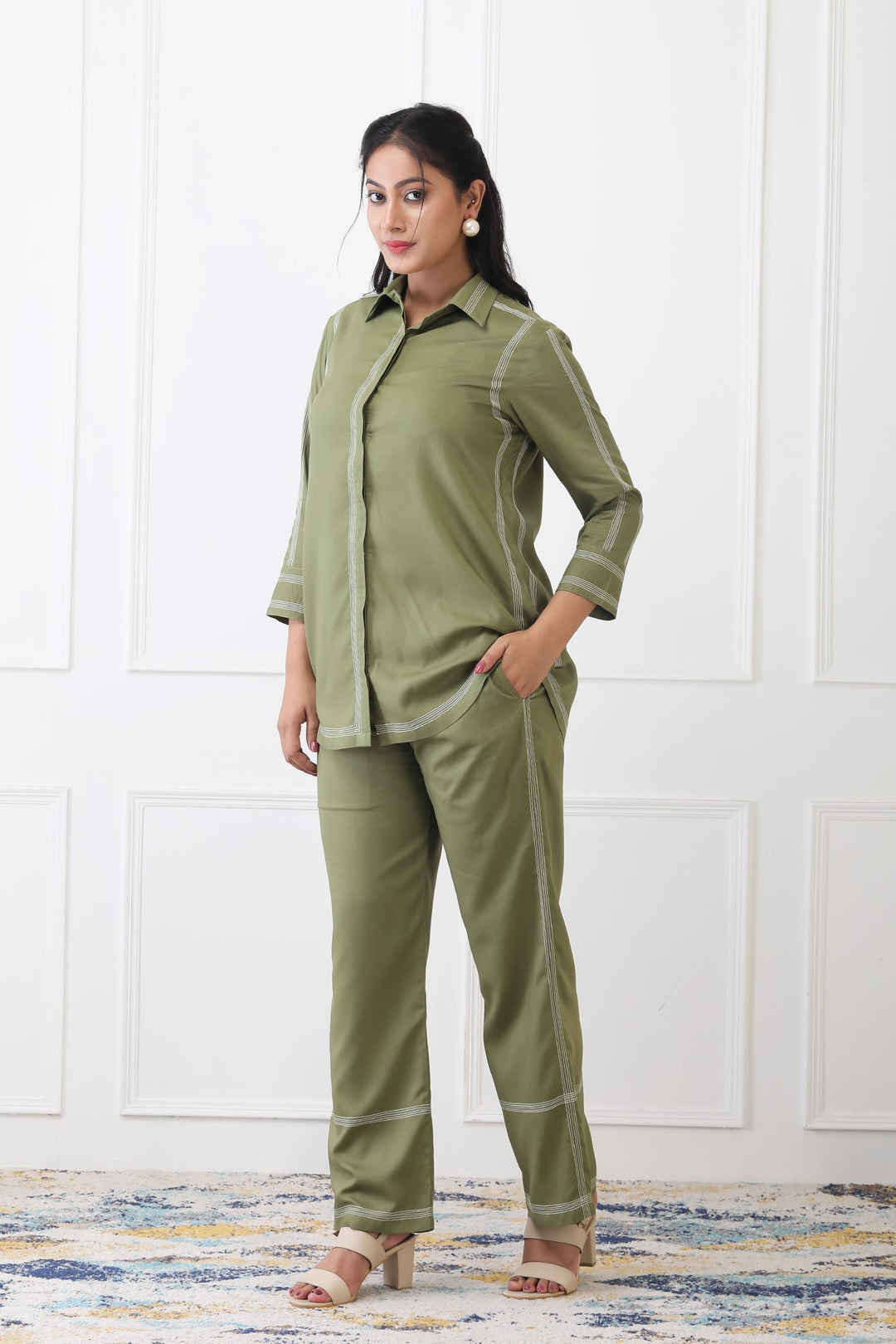 Elina Olive Contrast Stitch Co-ord Set