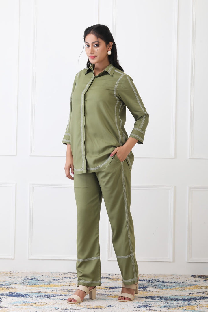 Elina Olive Contrast Stitch Co-ord Set