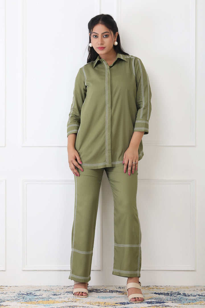Elina Olive Contrast Stitch Co-ord Set