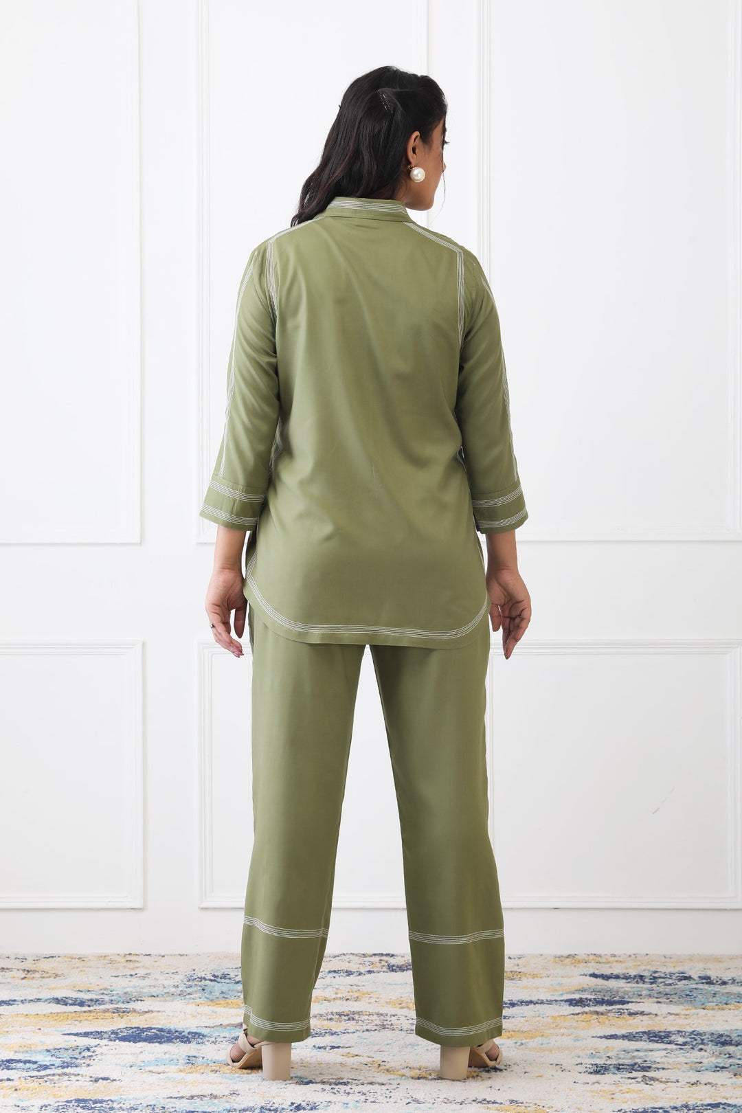 Elina Olive Contrast Stitch Co-ord Set