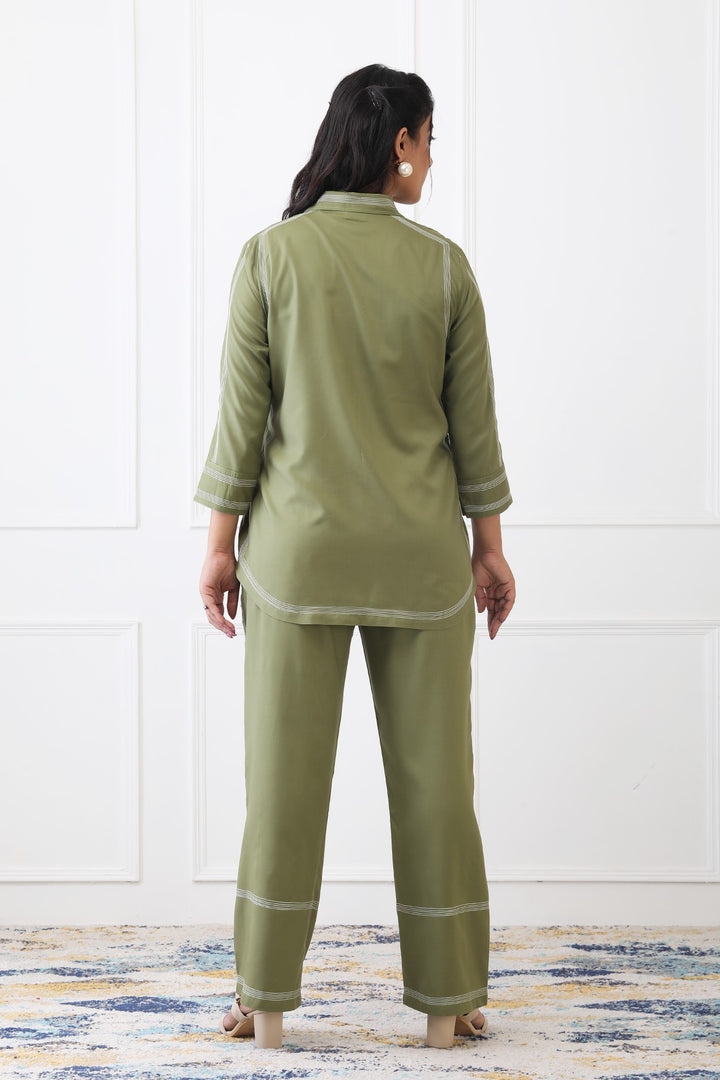 Elina Olive Contrast Stitch Co-ord Set