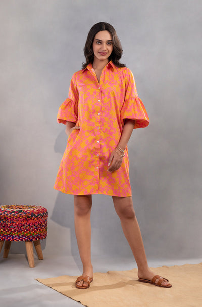AIMEE - The Orange/Pink Color-pop Dress in Cotton with Ruffle Sleeves