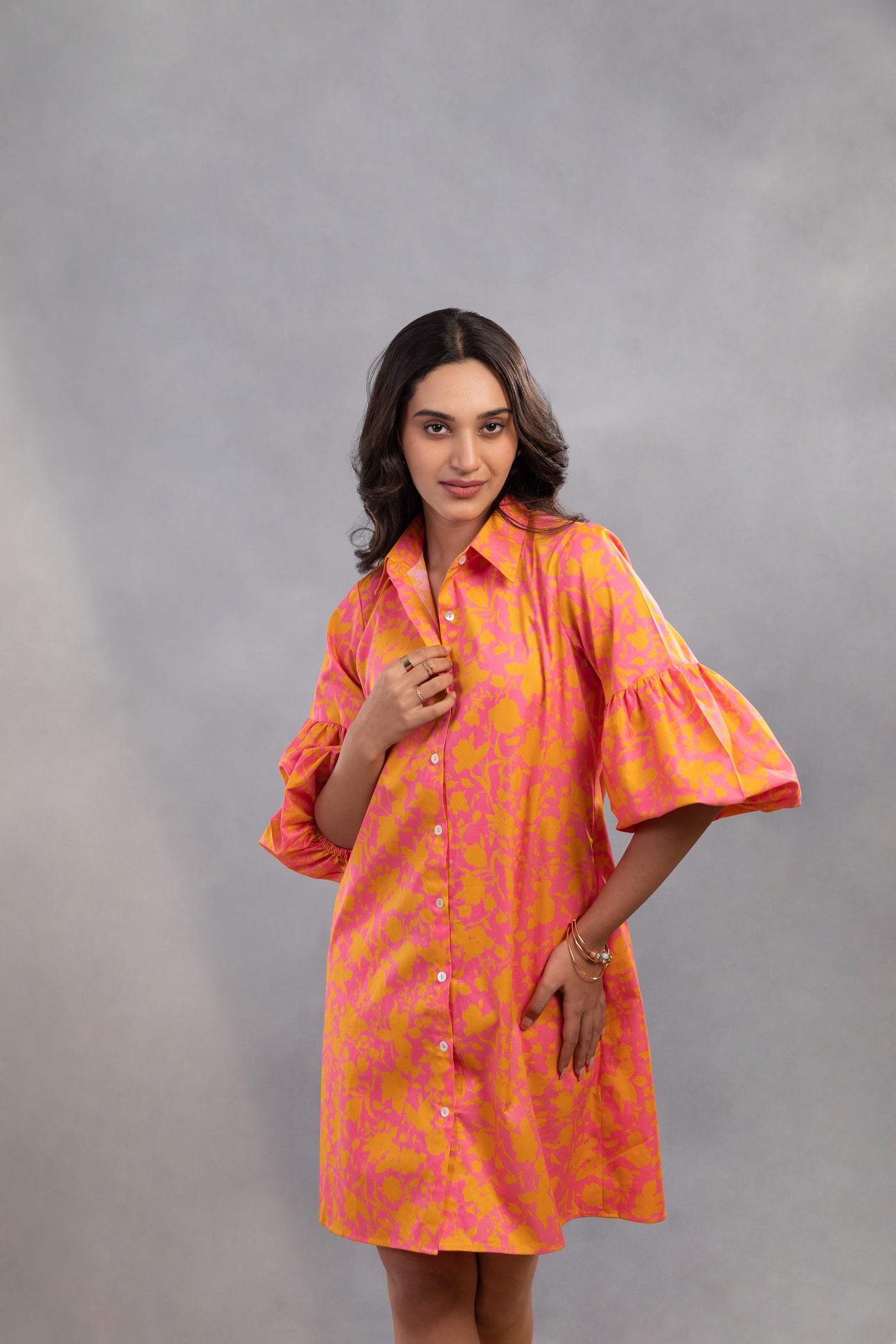 AIMEE - The Orange/Pink Color-pop Dress in Cotton with Ruffle Sleeves