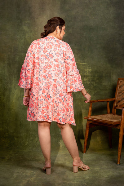 GABBY- Floral Shift Dress with Bell Sleeves in Rayon-Cotton fabric
