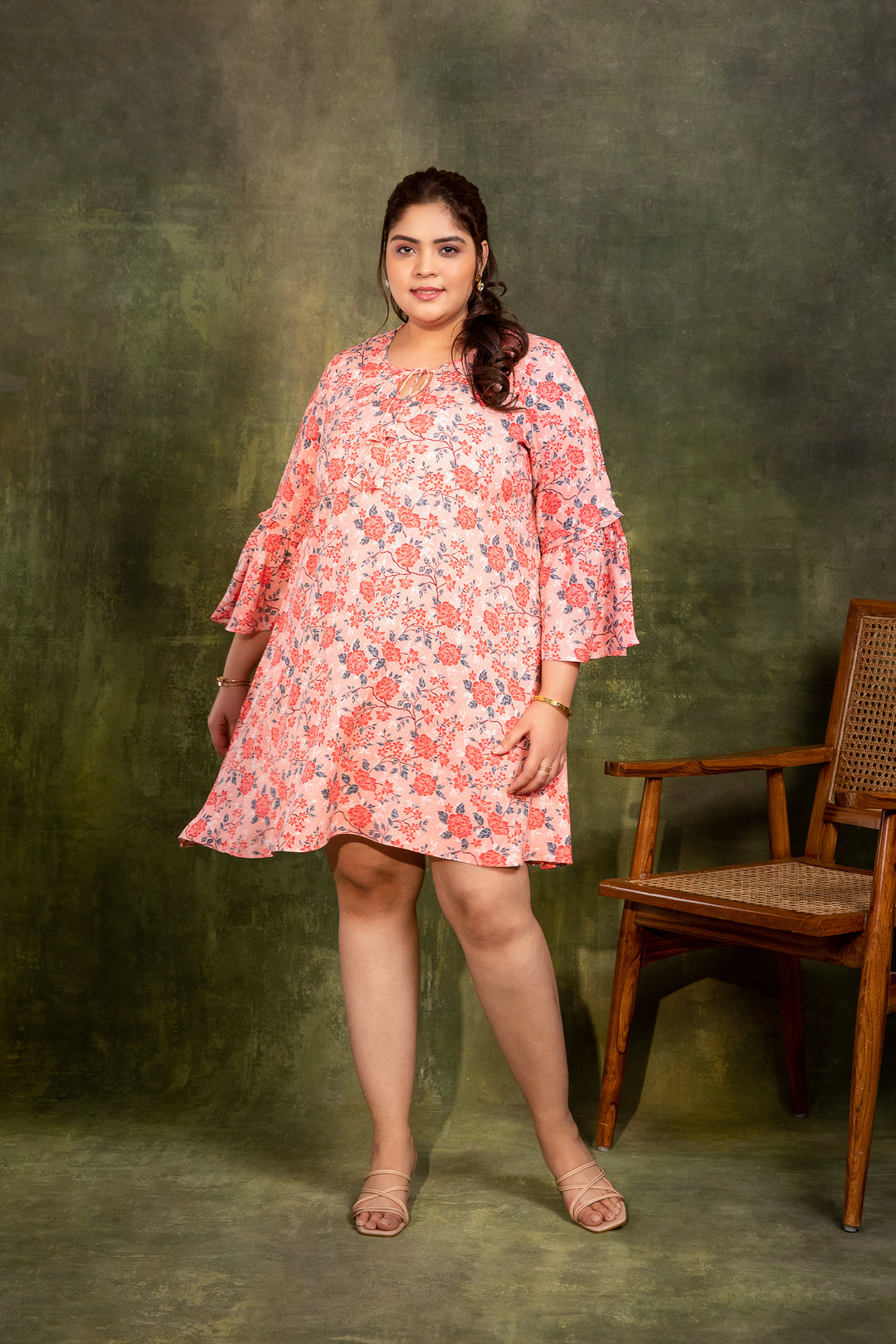 GABBY- Floral Shift Dress with Bell Sleeves in Rayon-Cotton fabric