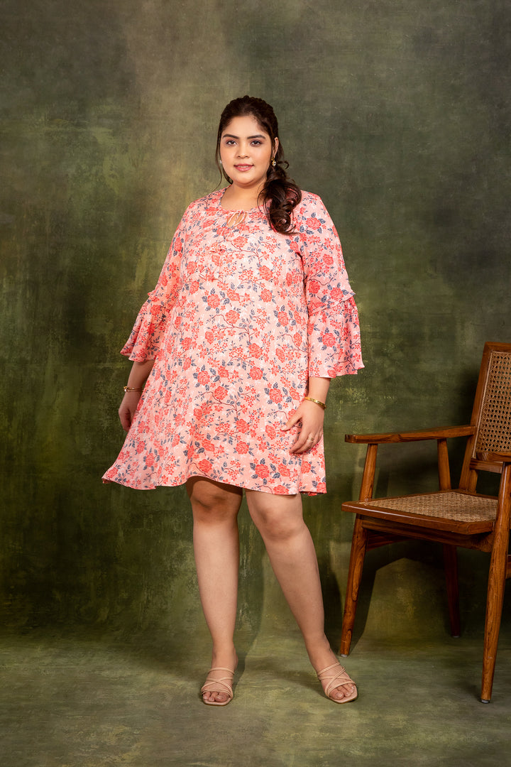 GABBY- Floral Shift Dress with Bell Sleeves in Rayon-Cotton fabric