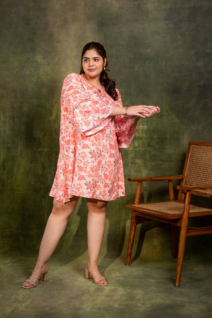 GABBY- Floral Shift Dress with Bell Sleeves in Rayon-Cotton fabric