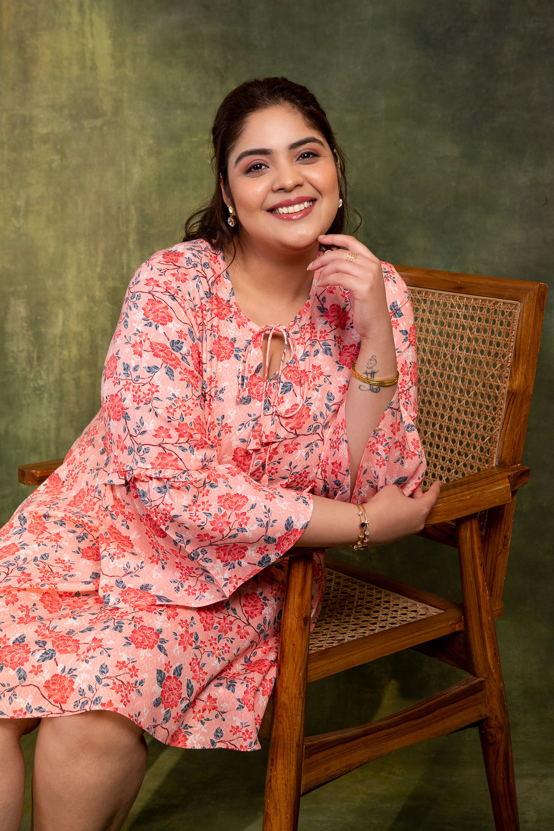 GABBY- Floral Shift Dress with Bell Sleeves in Rayon-Cotton fabric