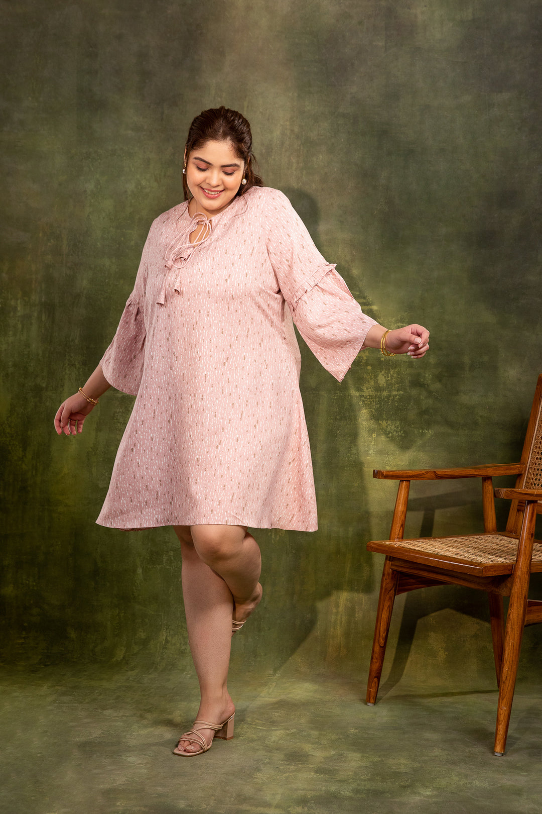 HANNA- Shift Dress with Bell Sleeves in Rayon-Cotton fabric