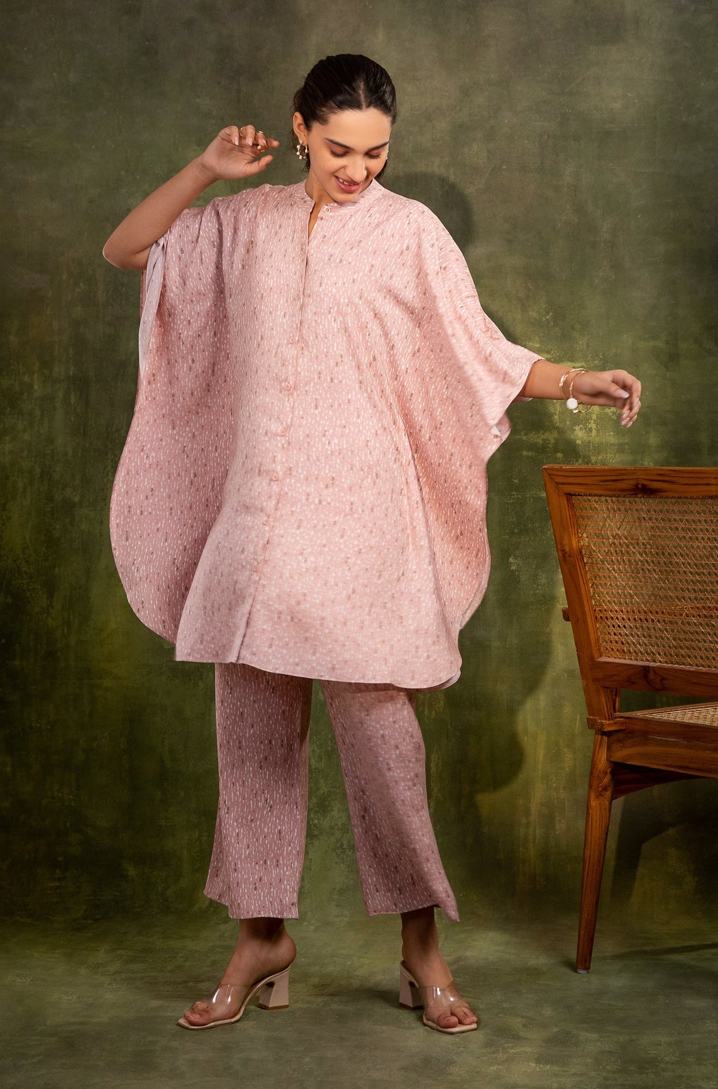 BLUSH - Pink Kaftan Set in Soft Rayon-Cotton fabric