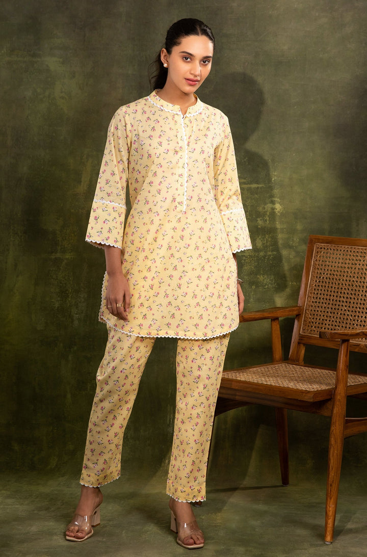 CALLA - Yellow Floral print Co-ord set in Cotton