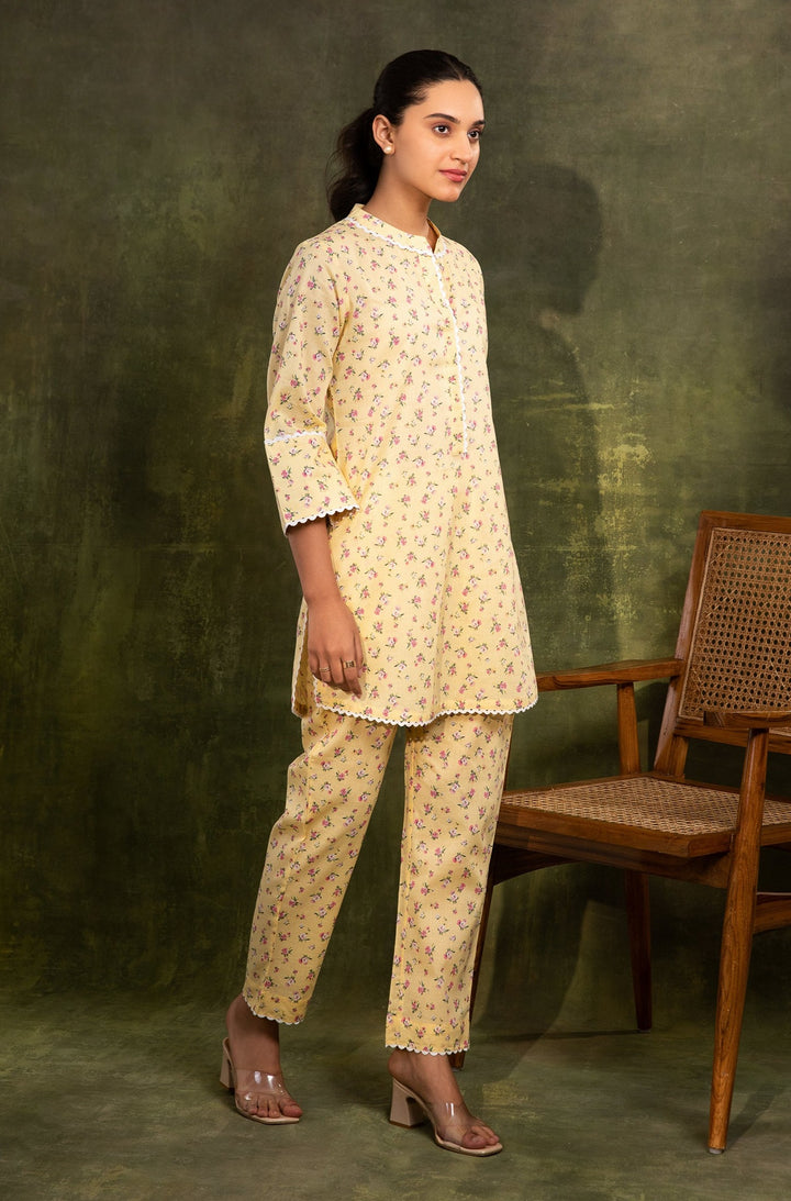 CALLA - Yellow Floral print Co-ord set in Cotton