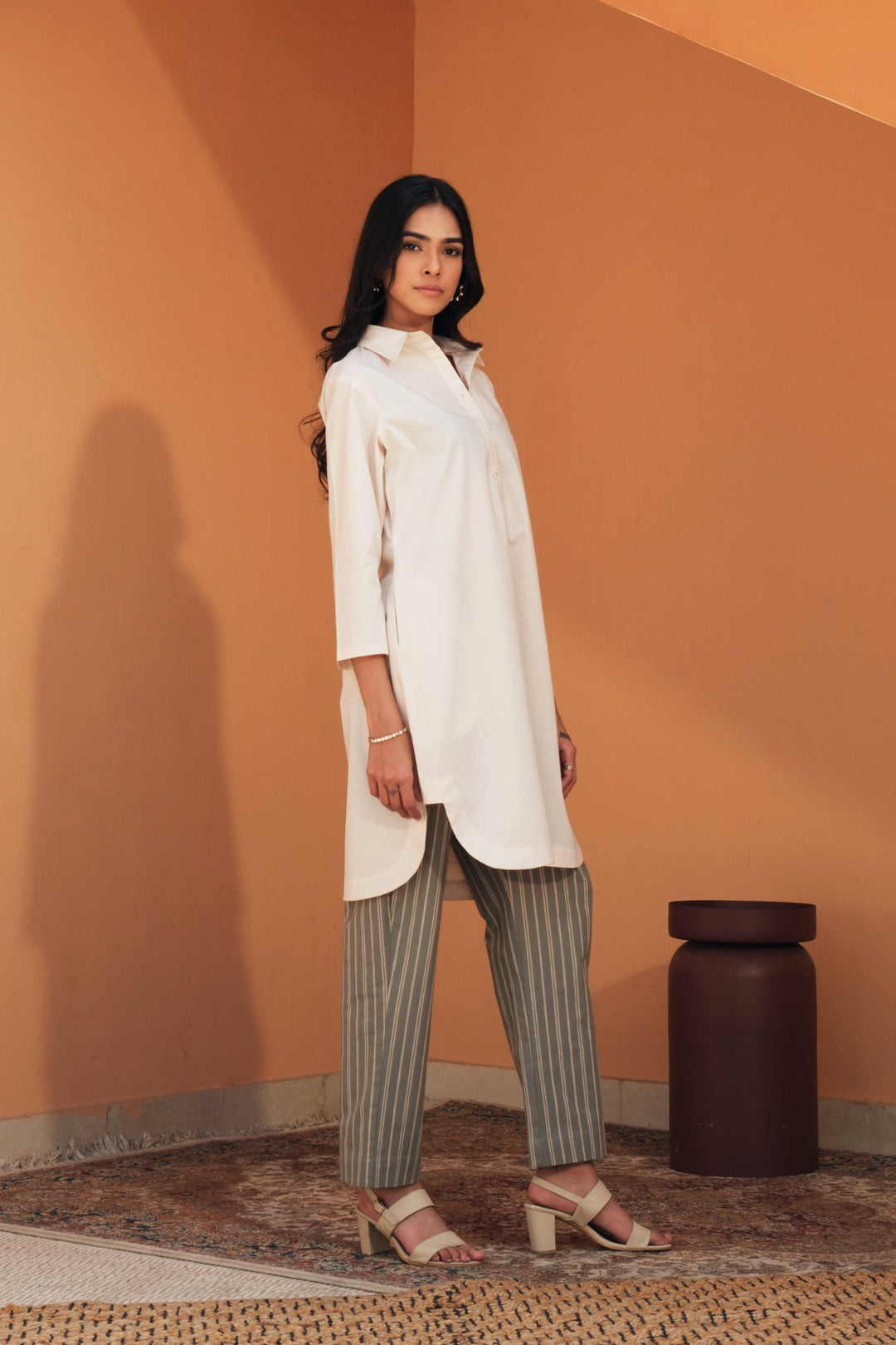 PORTIA CREAM-OLIVE STRIPED TUNIC SET