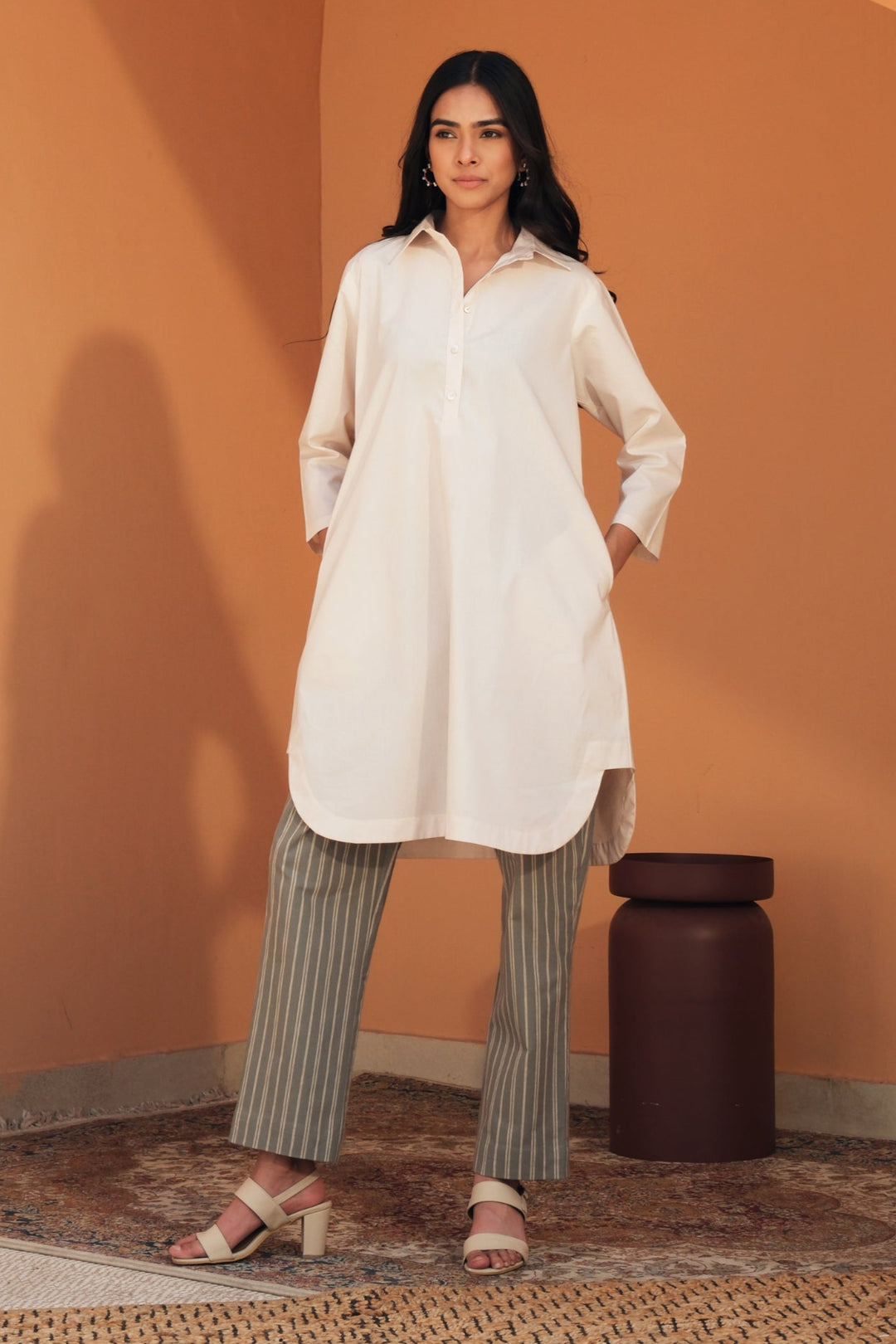 PORTIA CREAM-OLIVE STRIPED TUNIC SET