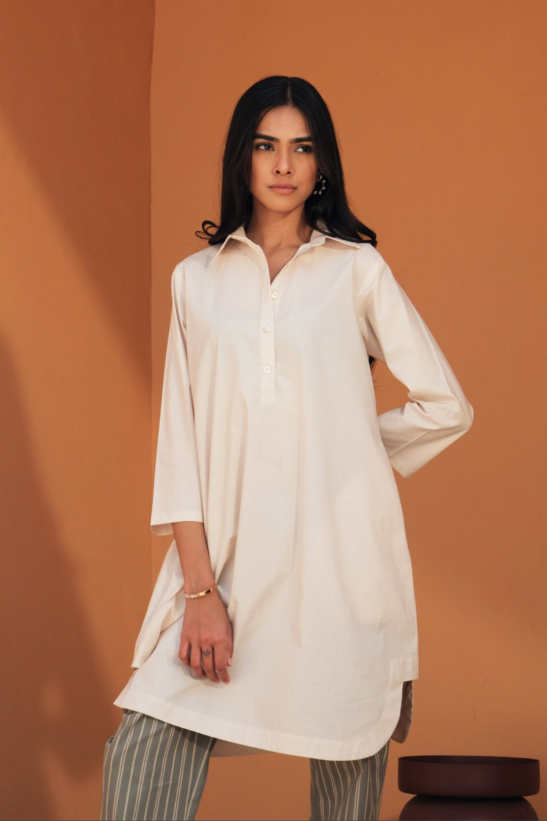 PORTIA CREAM-OLIVE STRIPED TUNIC SET