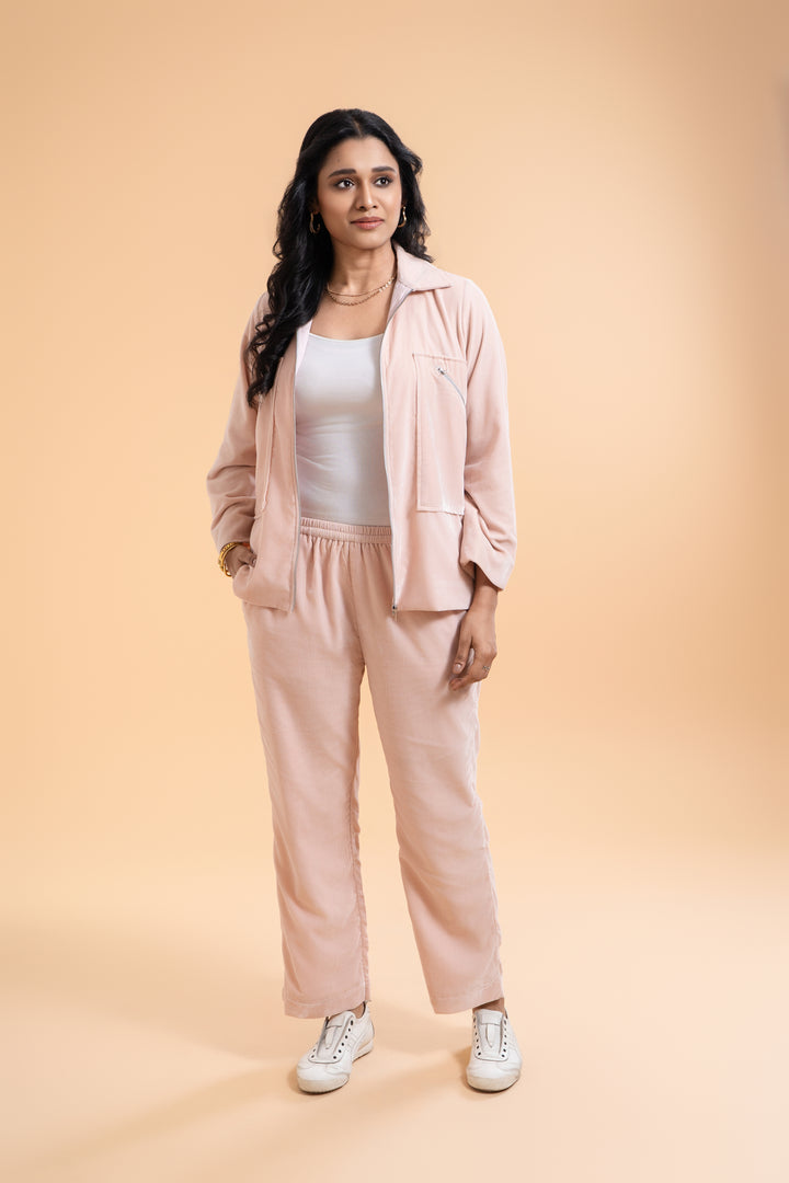 Emilia - Blush Pink Velvet Tracksuit Set, Women’s Luxury Set, Two-Piece Zippered jacket and Jogger Pants