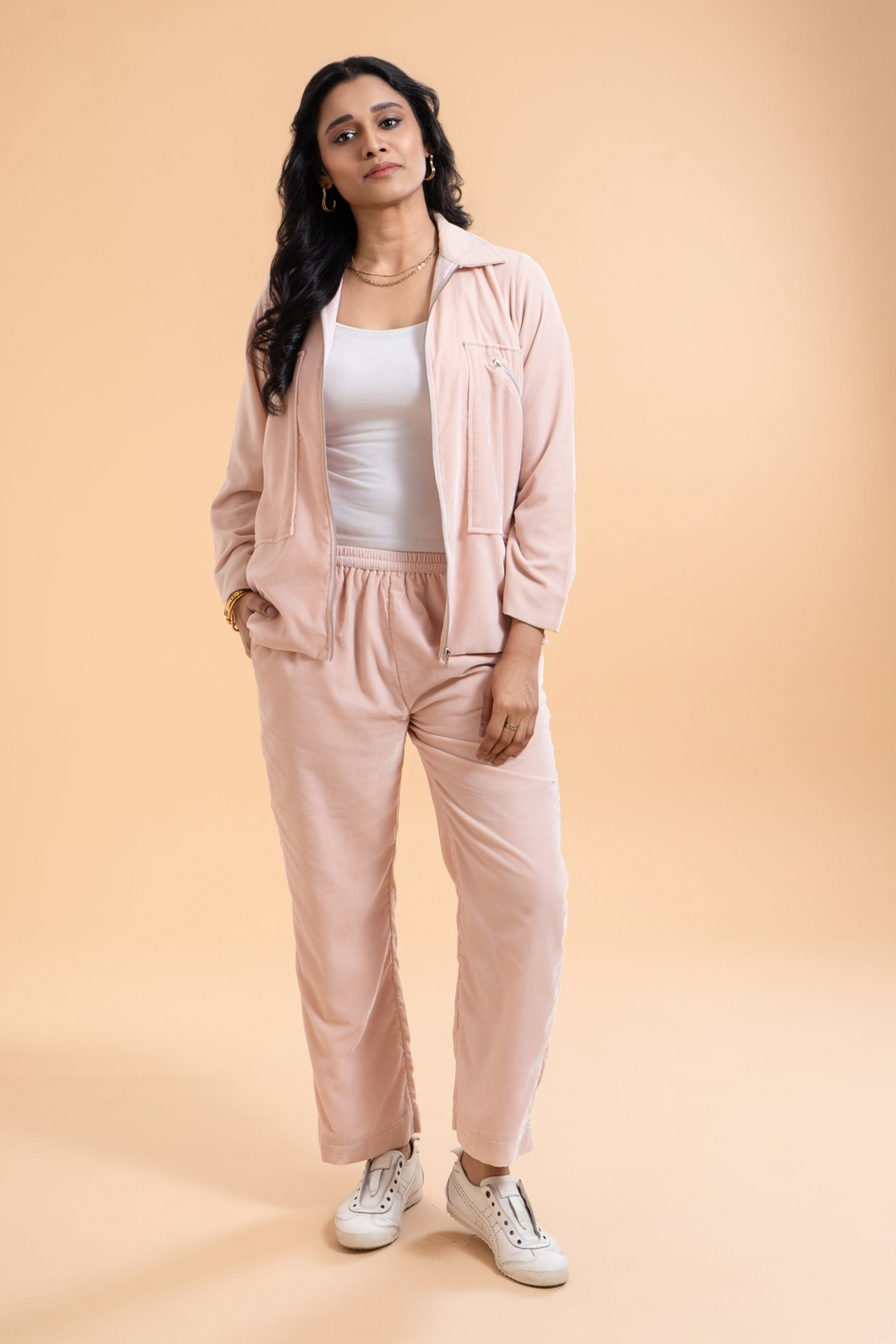 Emilia - Blush Pink Velvet Tracksuit Set, Women’s Luxury Set, Two-Piece Zippered jacket and Jogger Pants