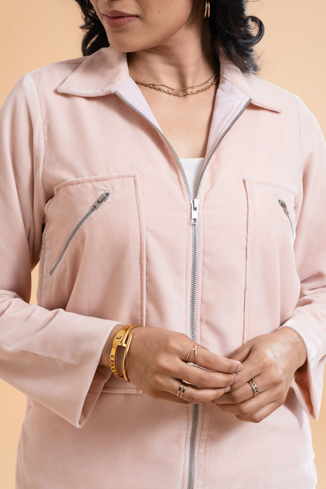 Emilia - Blush Pink Velvet Tracksuit Set, Women’s Luxury Set, Two-Piece Zippered jacket and Jogger Pants