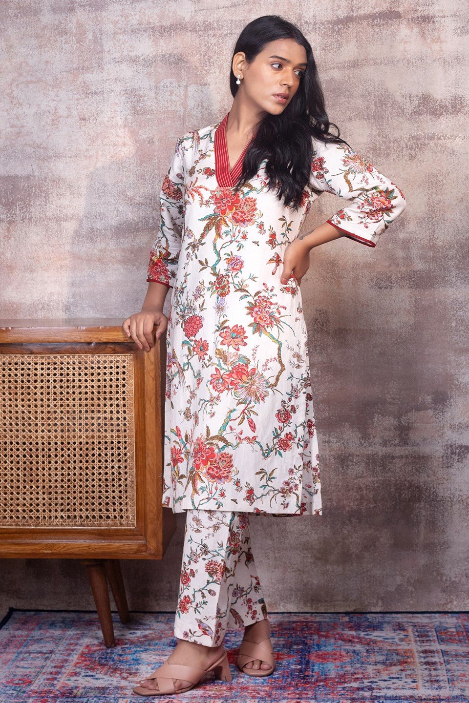 ISABELLA - Cream & Red Floral Co-ord in Cotton-Linen