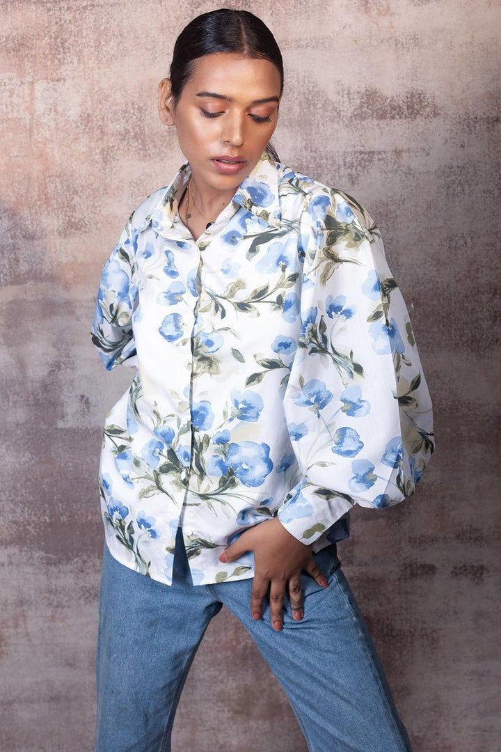Blue Floral Shirt in Cotton-Poplin
