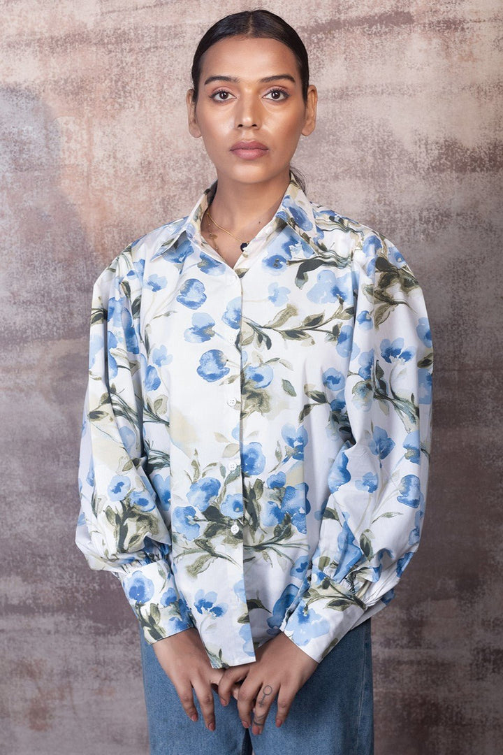 Blue Floral Shirt in Cotton-Poplin