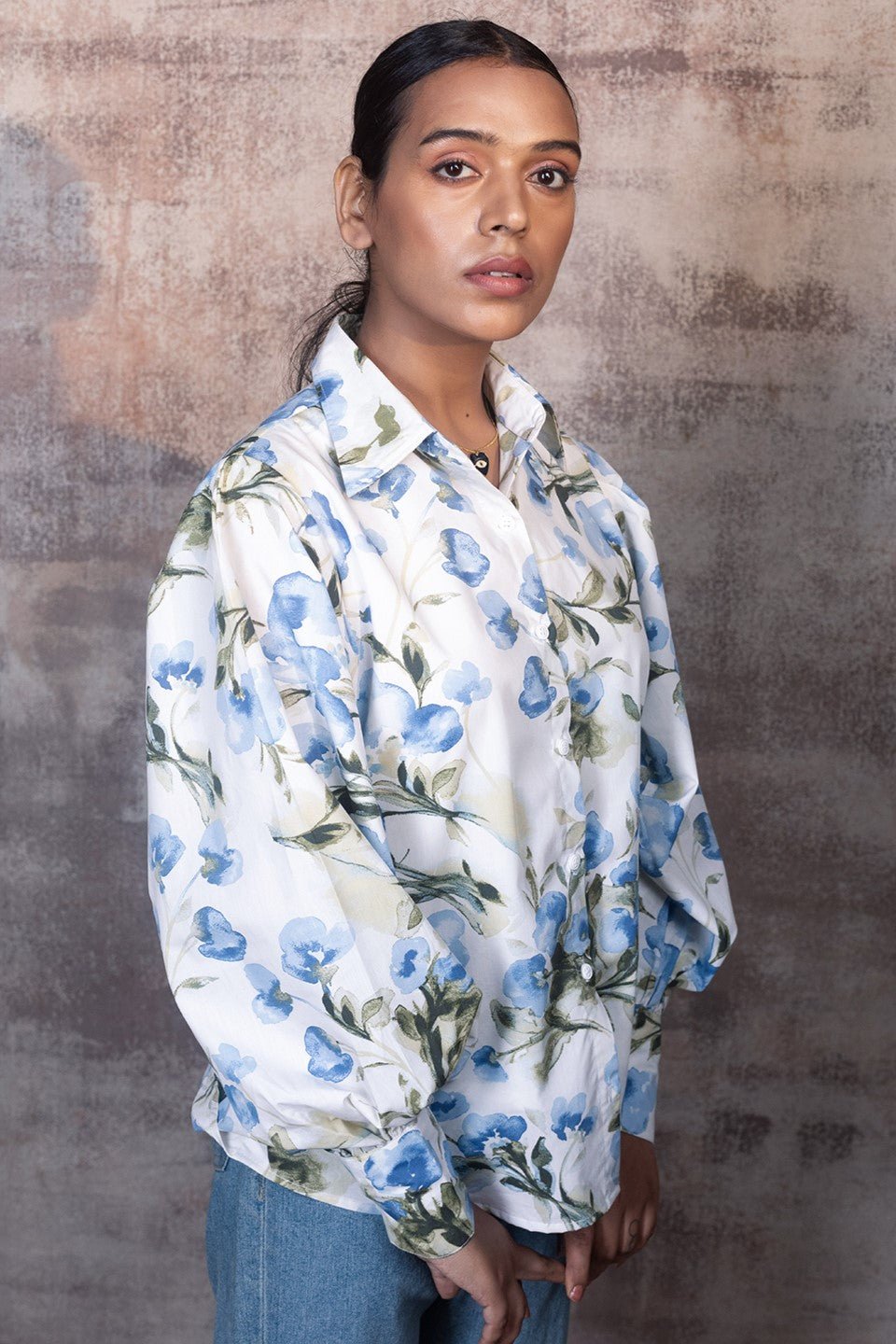 Blue Floral Shirt in Cotton-Poplin