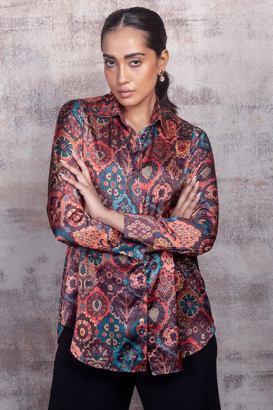 Exotic Moroccan Print Shirt in Premium Satin Silk