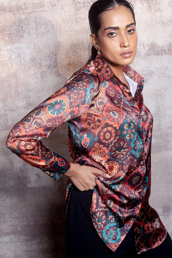 Exotic Moroccan Print Shirt in Premium Satin Silk