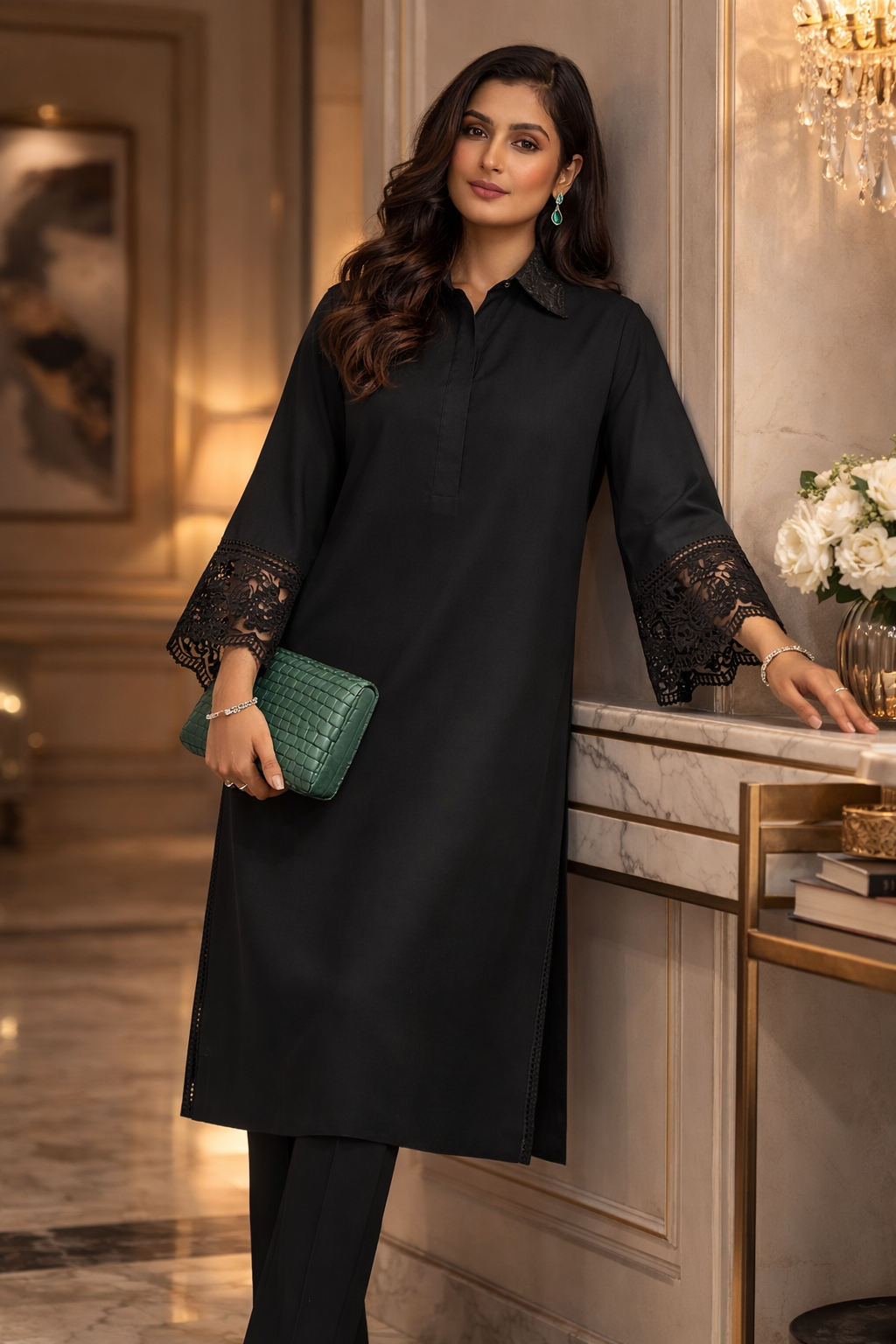 Woman in a black outfit holding a green clutch in an elegant interior setting.
