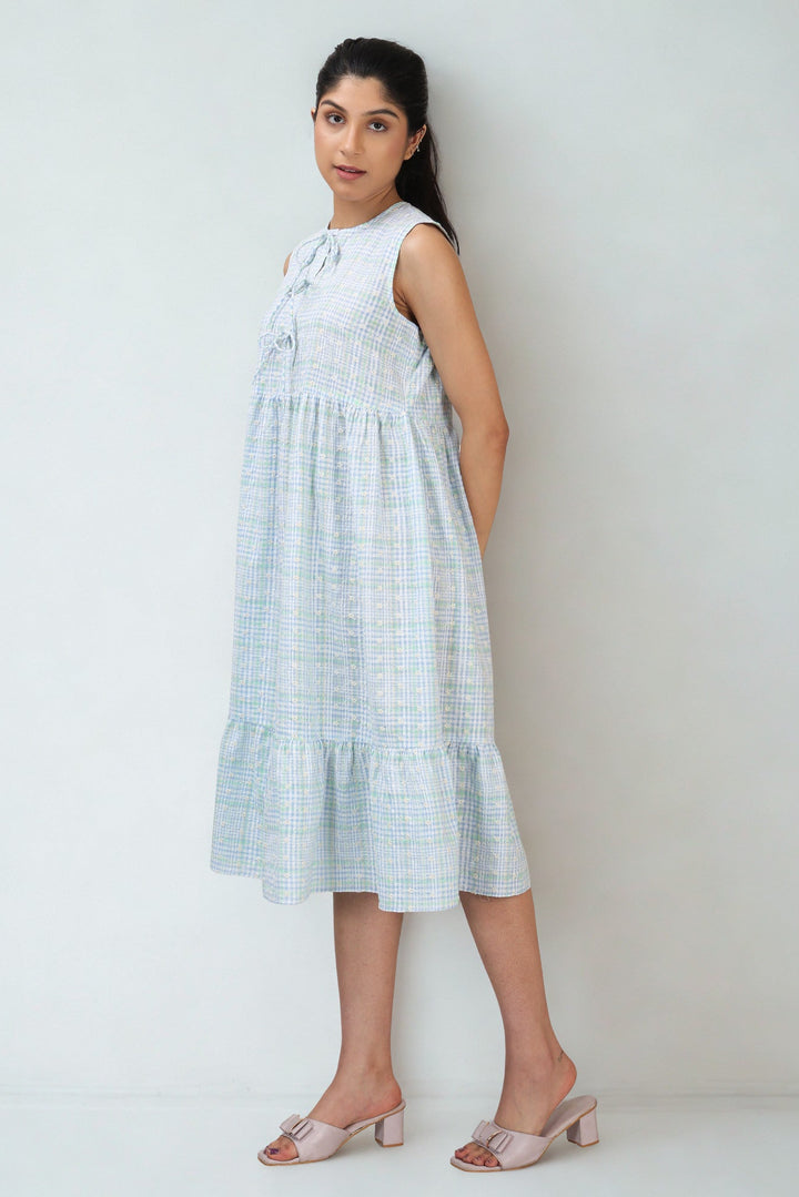 Blue Textured Cotton Midi Dress with Tie-Up Neck | Sleeveless Tiered Summer Dress for Women