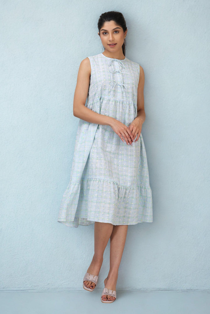 Woman wearing a light blue checkered dress against a light blue background