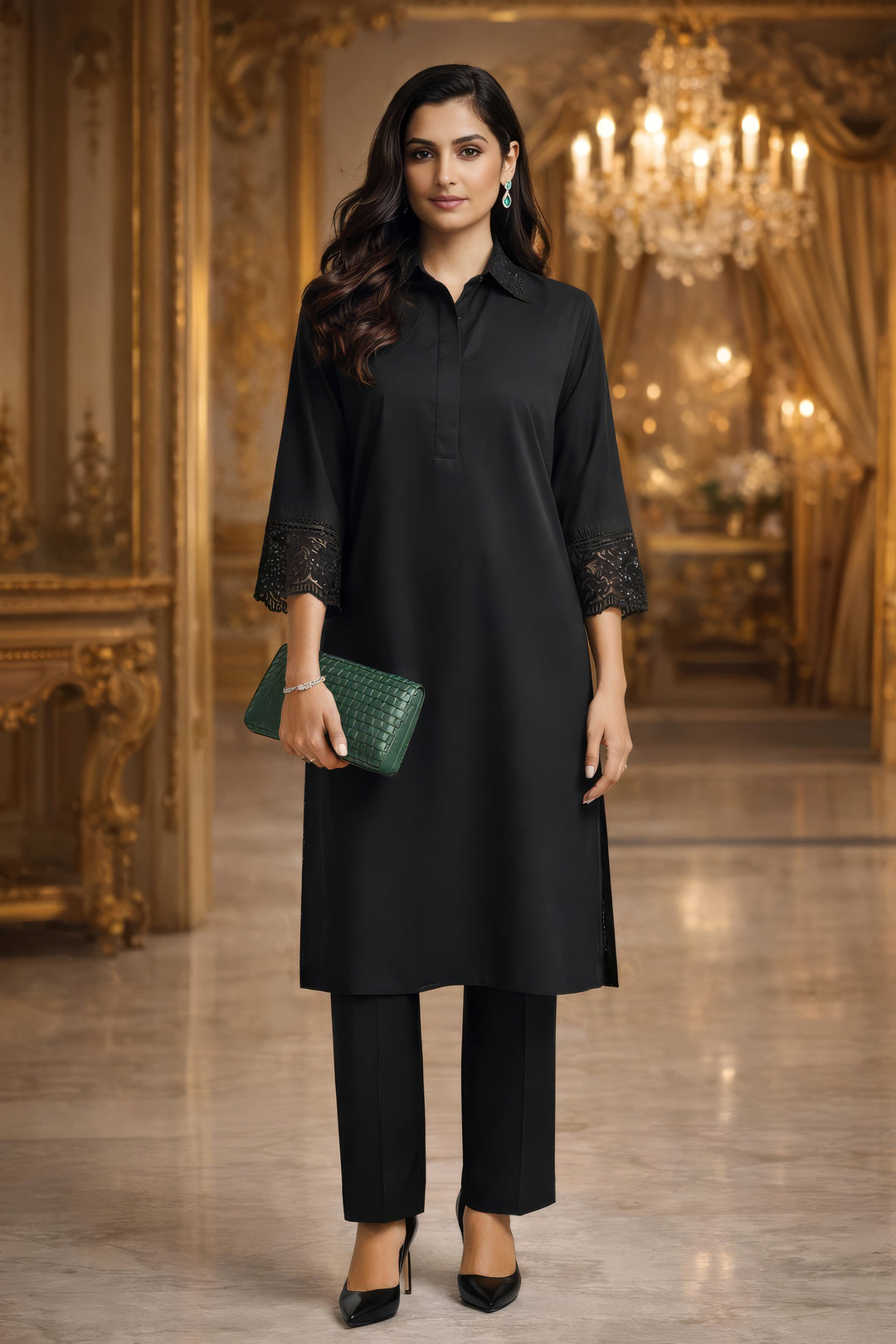Woman in a black outfit holding a green clutch in an elegant interior setting.