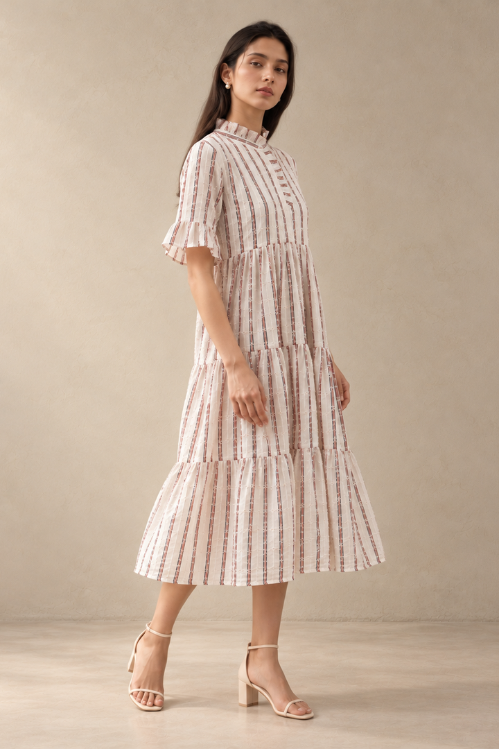 A woman models a tiered midi dress with vertical stripes in beige and brown, featuring a high mock neck and short flutter sleeves, paired with beige high-heeled sandals against a neutral beige studio backdrop.