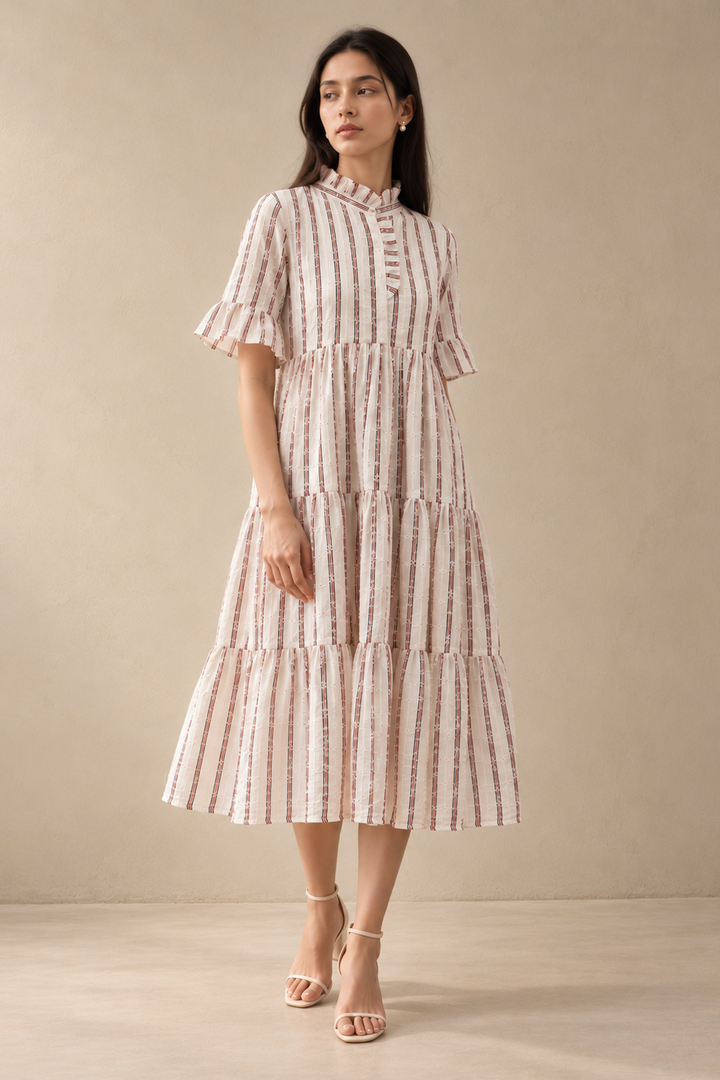 A woman models a tiered midi dress with vertical pink and beige stripes, featuring ruffled short sleeves and a high mock neck, paired with beige strappy heels against a neutral beige studio backdrop.