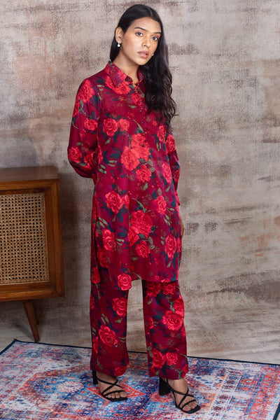 CASSANDRA - Red Floral Co-ord in Cotton-Linen