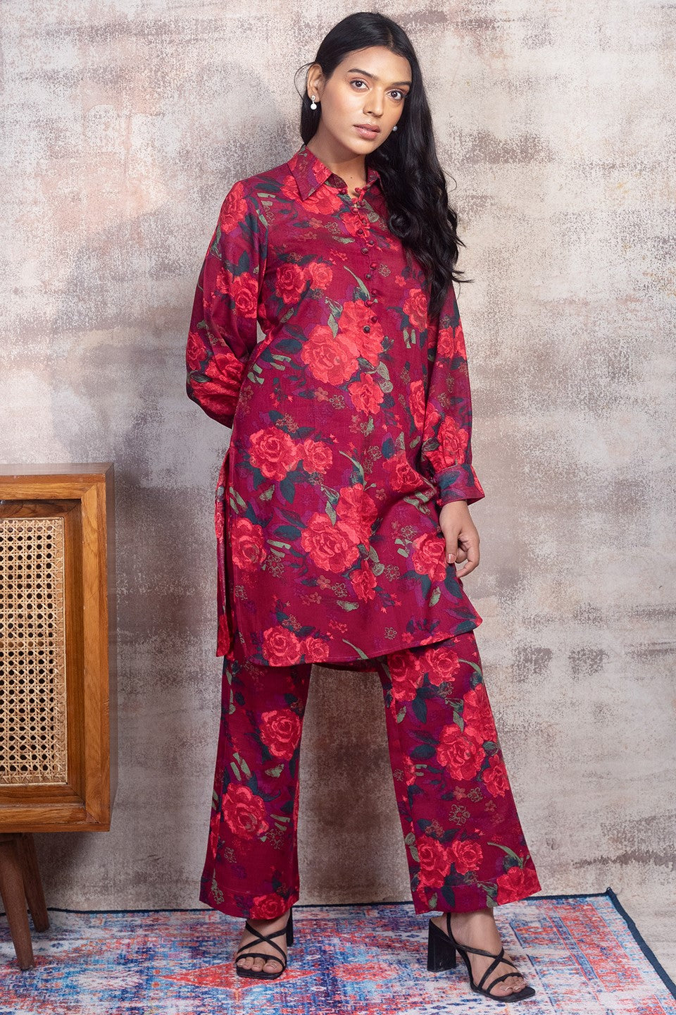 CASSANDRA - Red Floral Co-ord in Cotton-Linen