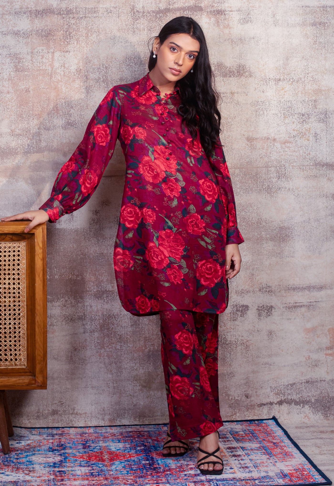 CASSANDRA - Red Floral Co-ord in Cotton-Linen