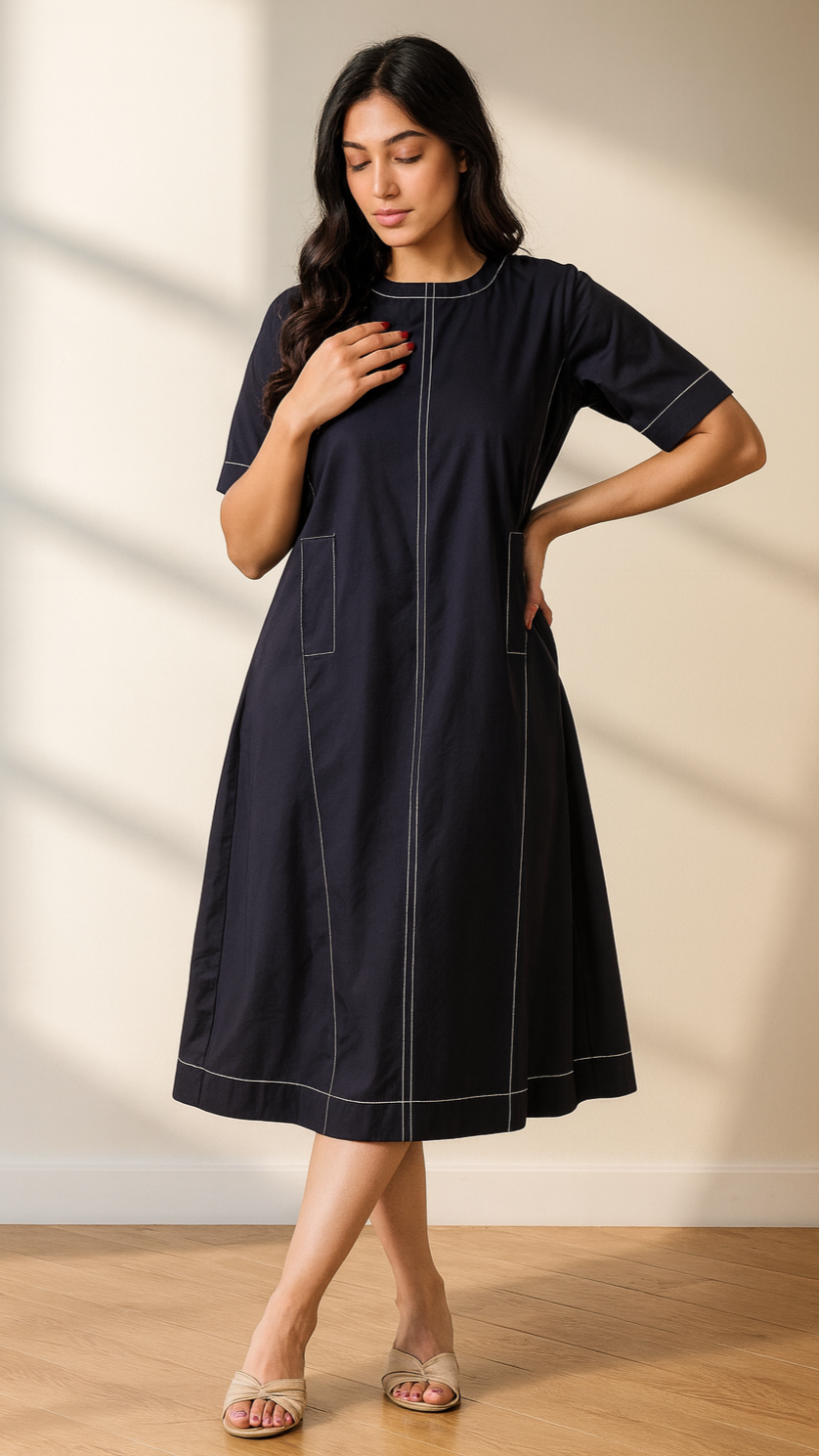 Woman wearing a black dress with white stitch against a neutral background