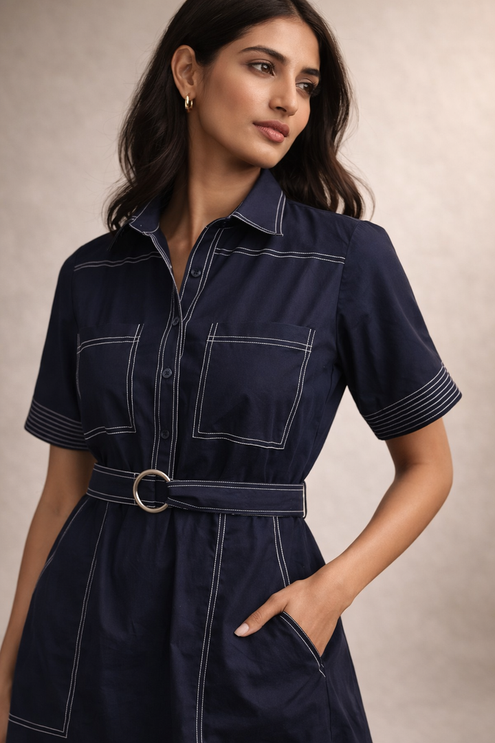 Woman wearing a navy blue dress with white stitching on a beige background