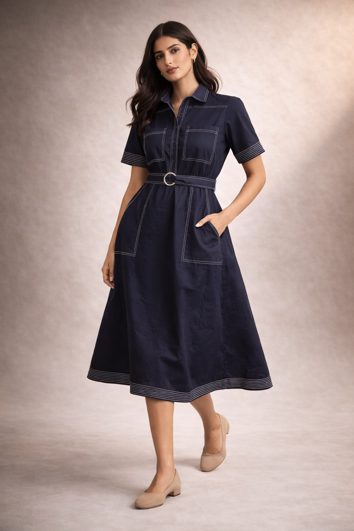 Woman wearing a navy dress with a belt against a neutral background
