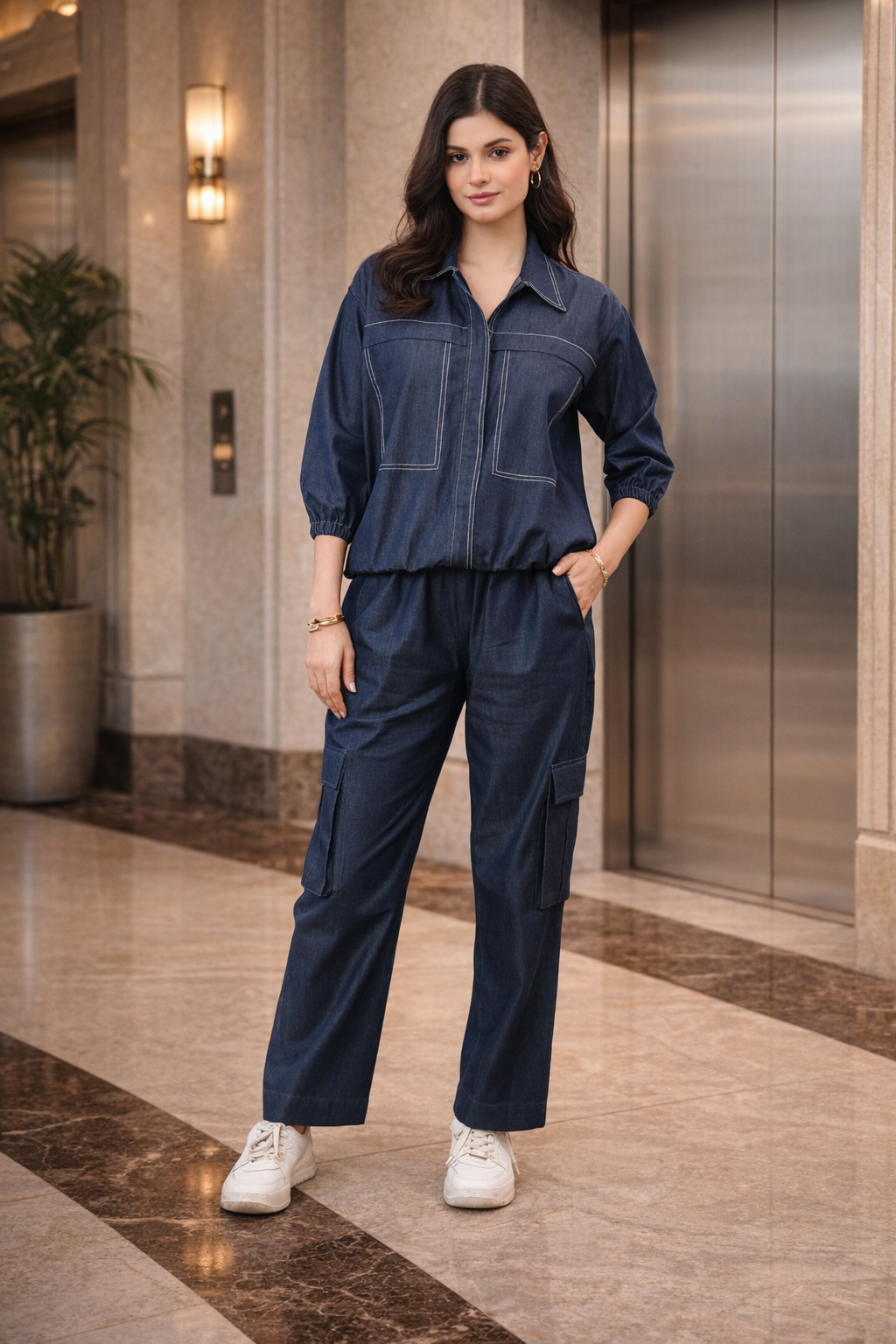 Woman in a navy blue jumpsuit standing in an indoor setting with a metallic elevator door in the background.