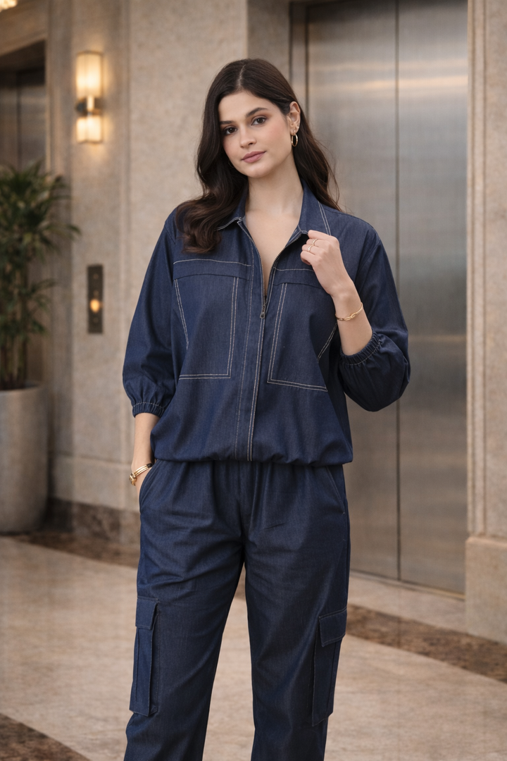Woman wearing a blue jumpsuit standing in an elevator lobby.
