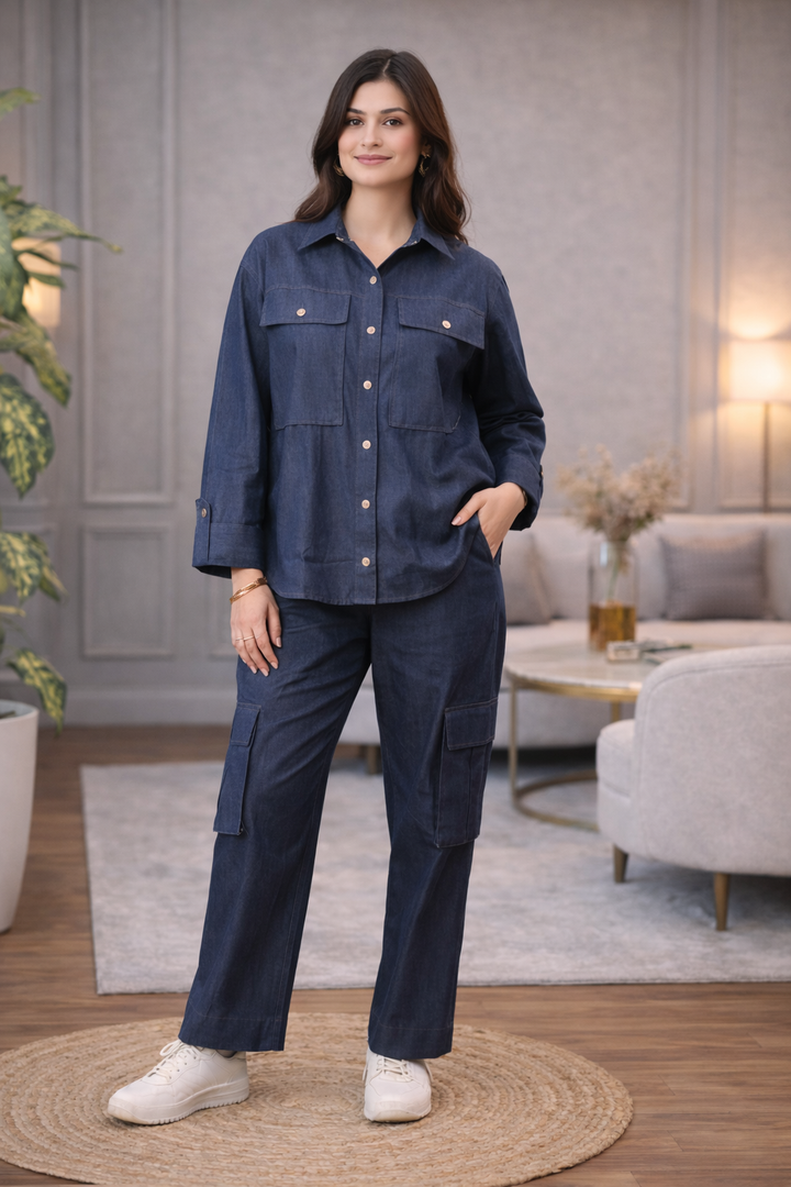 Woman wearing a dark blue outfit in a living room setting